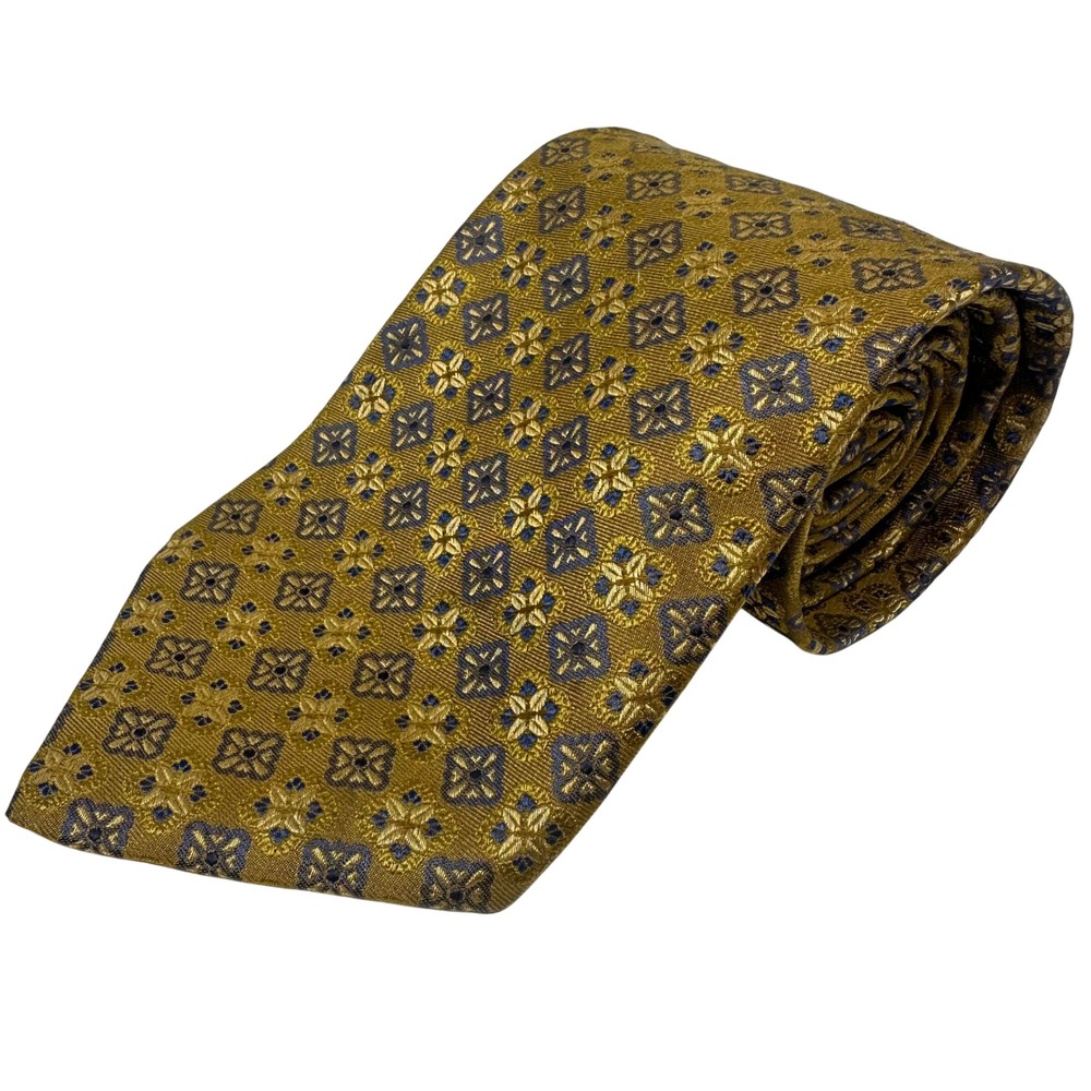 Brooks Brothers Makers Silk Tie Gold Blue Medallion Geometric Woven Italy USA